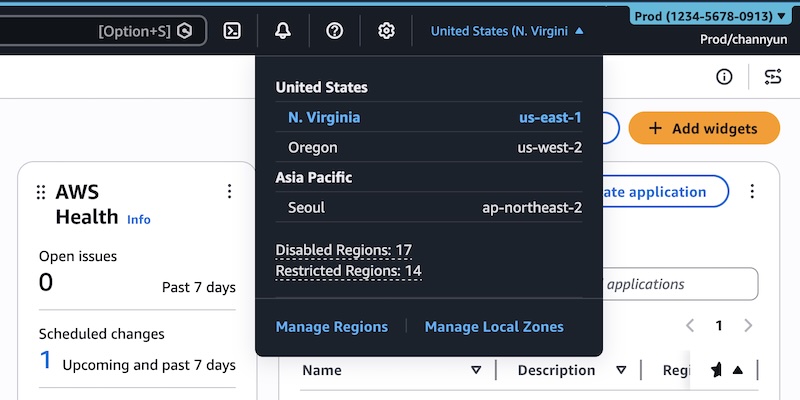 Screenshot showing the AWS Management Console with account colors and customized region/service visibility settings.