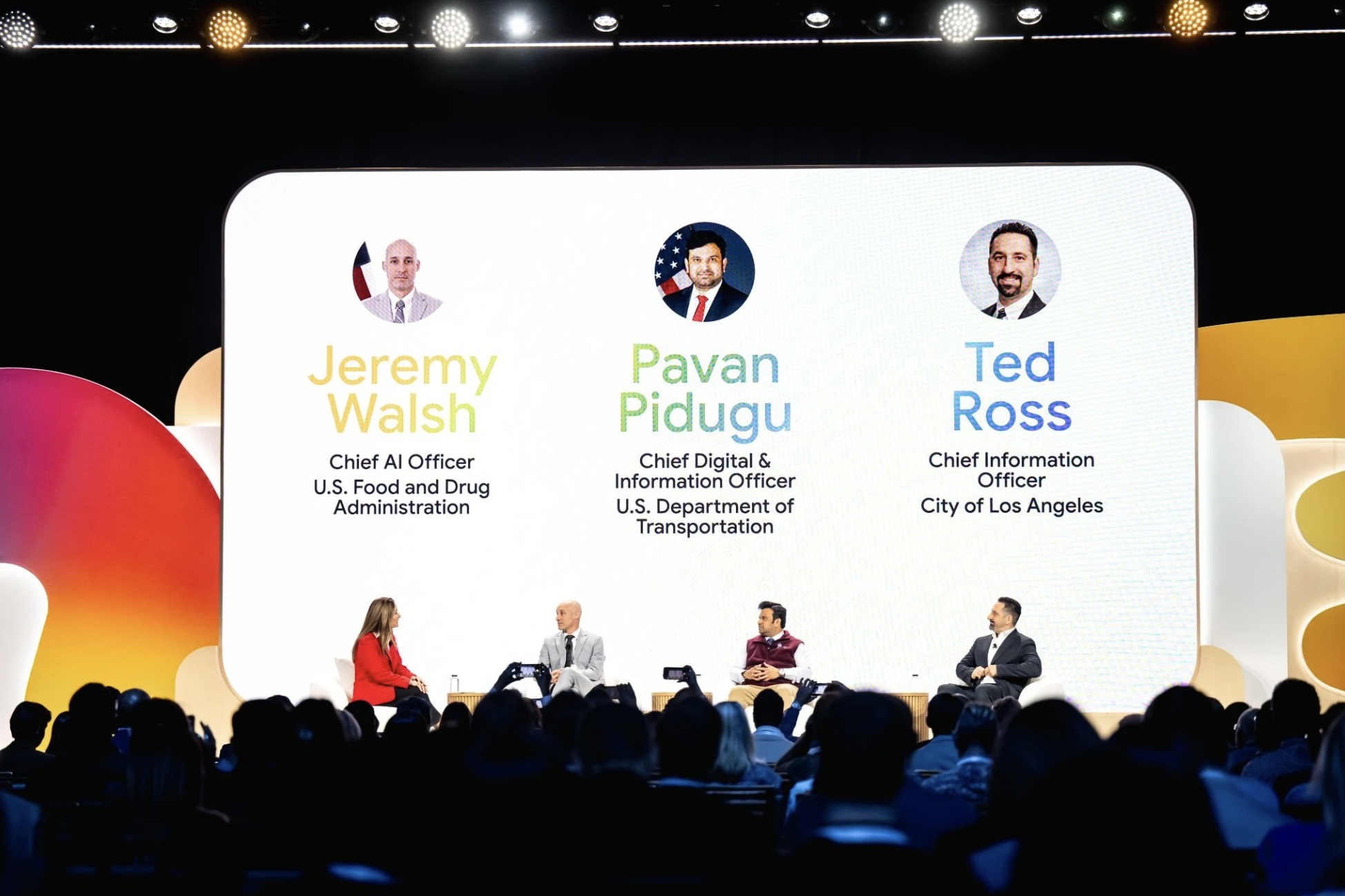 Diverse group of government officials and Google executives on stage at Google Cloud Next discussing AI adoption.