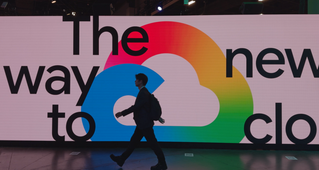 A Google Cloud logo with abstract AI network graphics behind it.