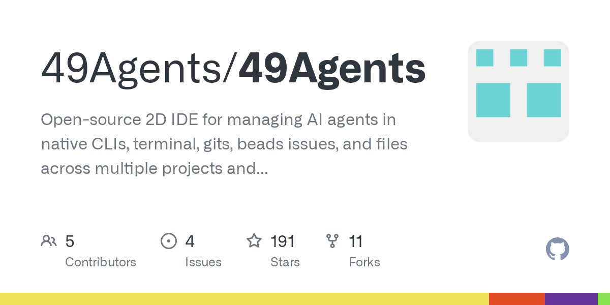 Screenshot of 49Agents IDE showing multiple agents and terminals arranged on an infinite canvas.