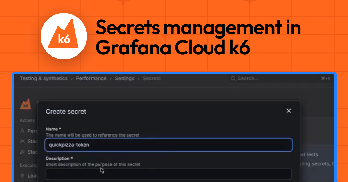 Screenshot of Grafana Cloud k6 UI showing the secrets management interface