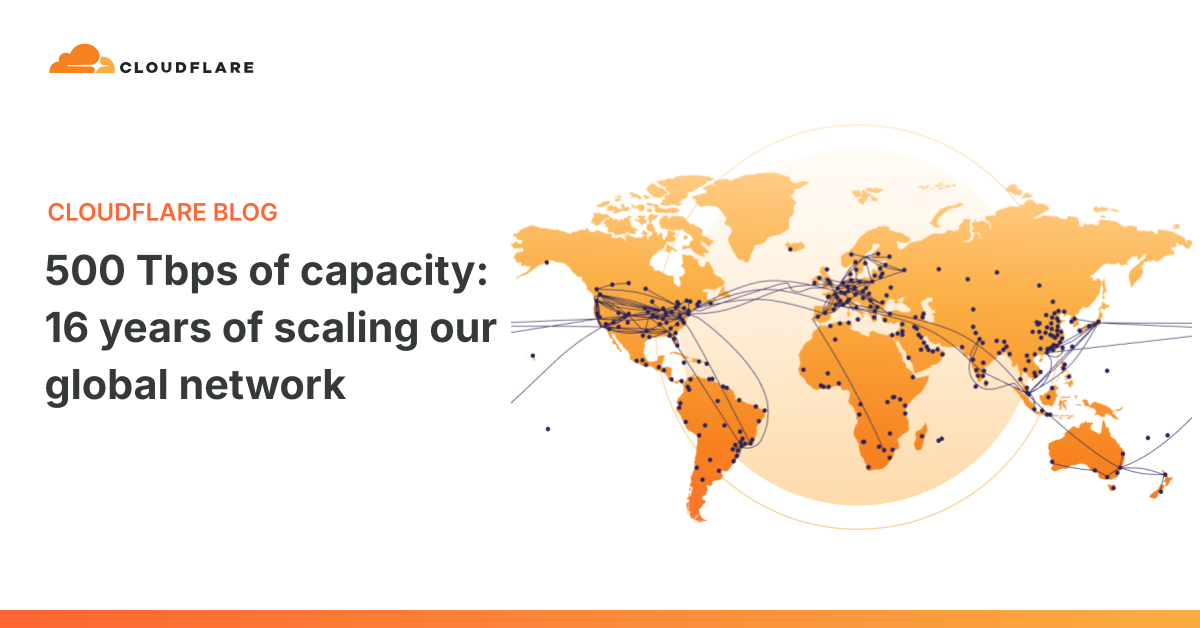 Cloudflare global network map highlighting 500 Tbps capacity across 330 cities
