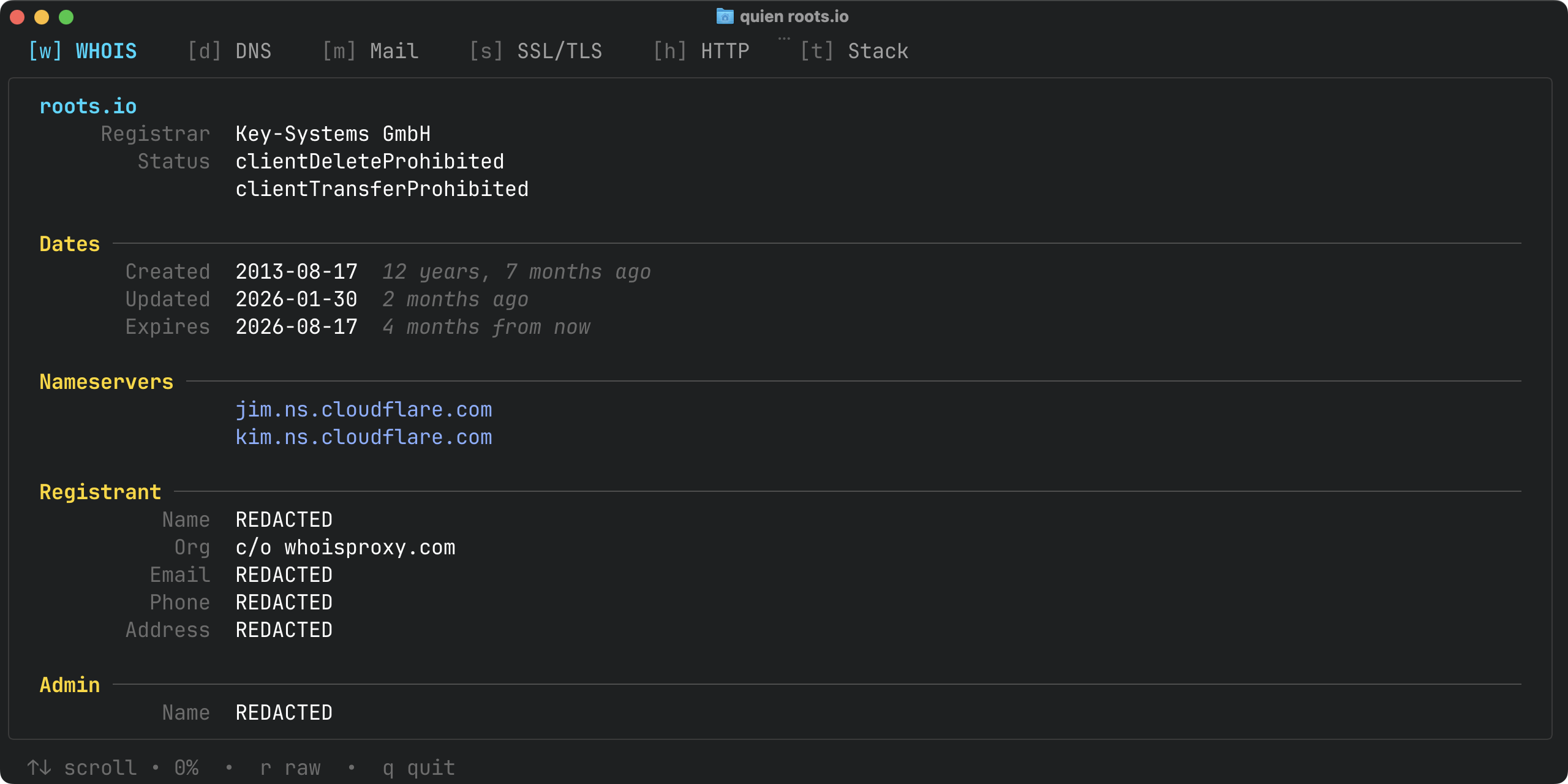 Quien TUI displaying tabbed views for example.com WHOIS, DNS, and tech stack