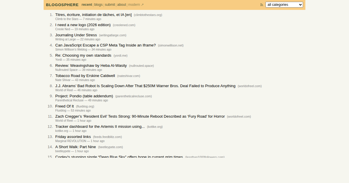 Hacker News-style frontpage listing recent personal blog posts from Simon Willison and others