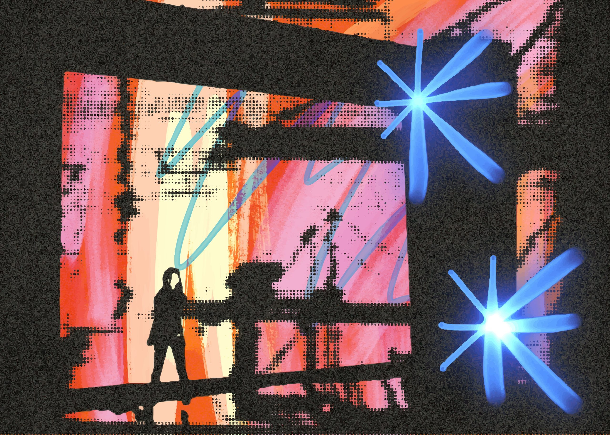 Developer at desk with swirling AI code hallucinations and Gen Z protest signs in background