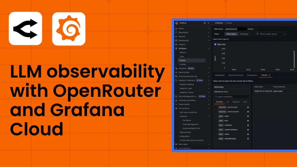 Grafana dashboard displaying OpenRouter LLM traces with token usage and costs