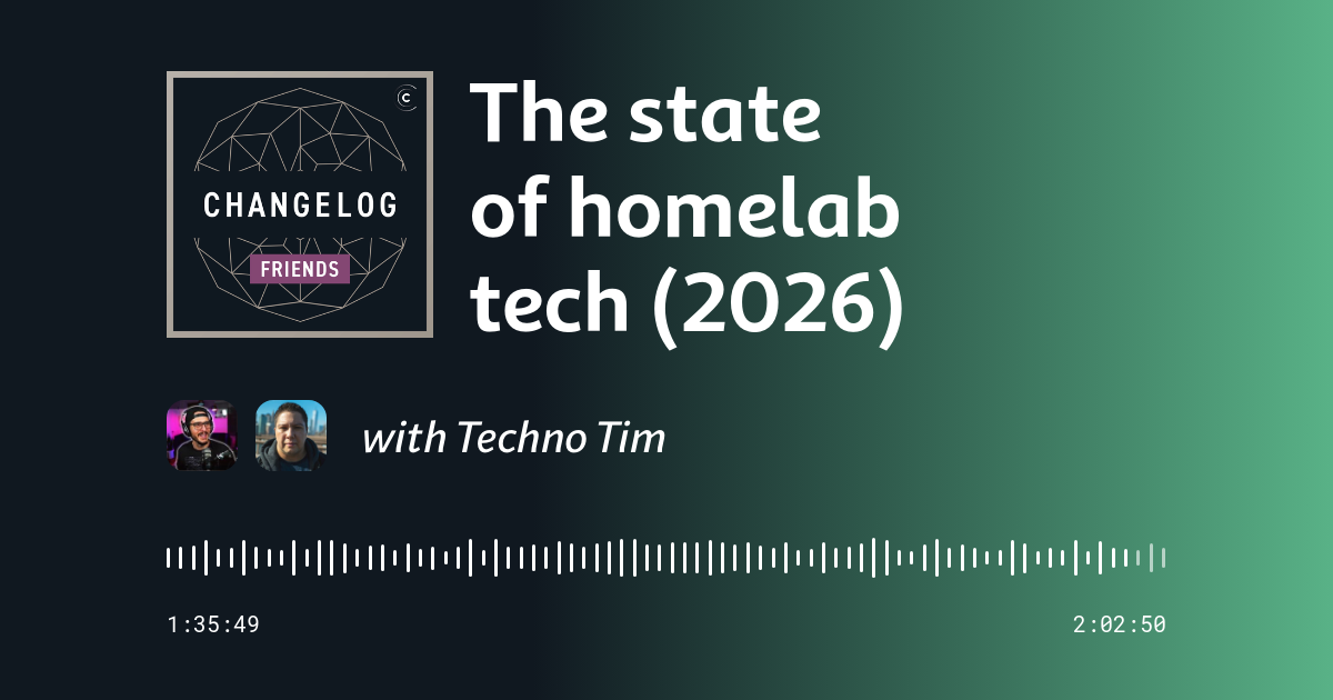 Techno Tim's 2026 homelab rack with Proxmox screens, UDM Pro, and glowing AI interfaces