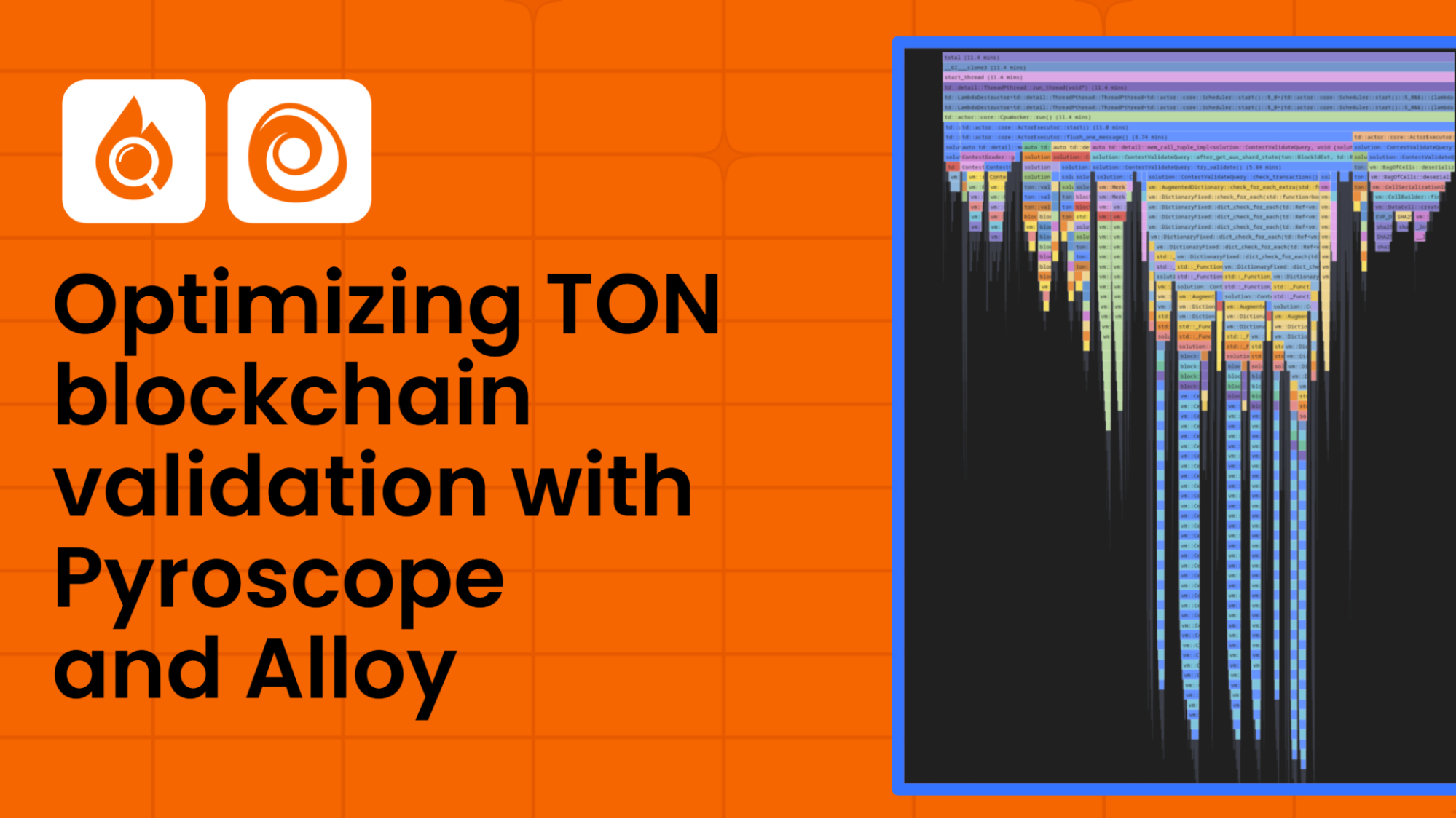 Flame graph visualizing CPU hotspots in TON blockchain validator using Pyroscope and Alloy
