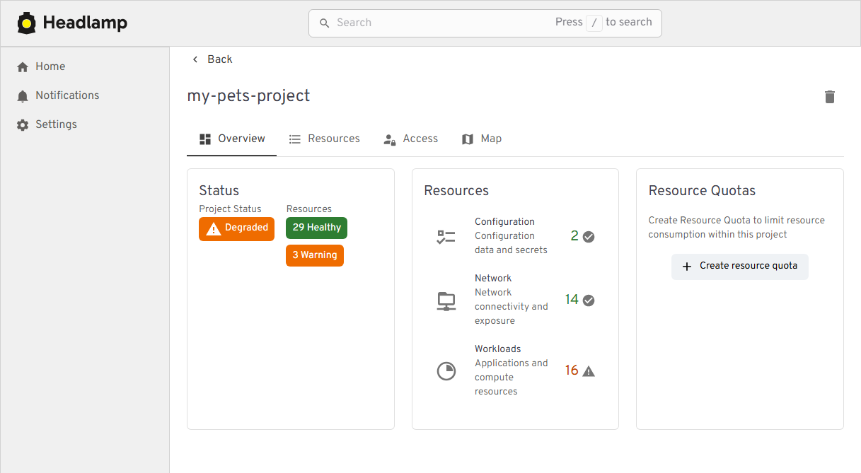 Headlamp dashboard displaying multi-cluster projects and resource maps