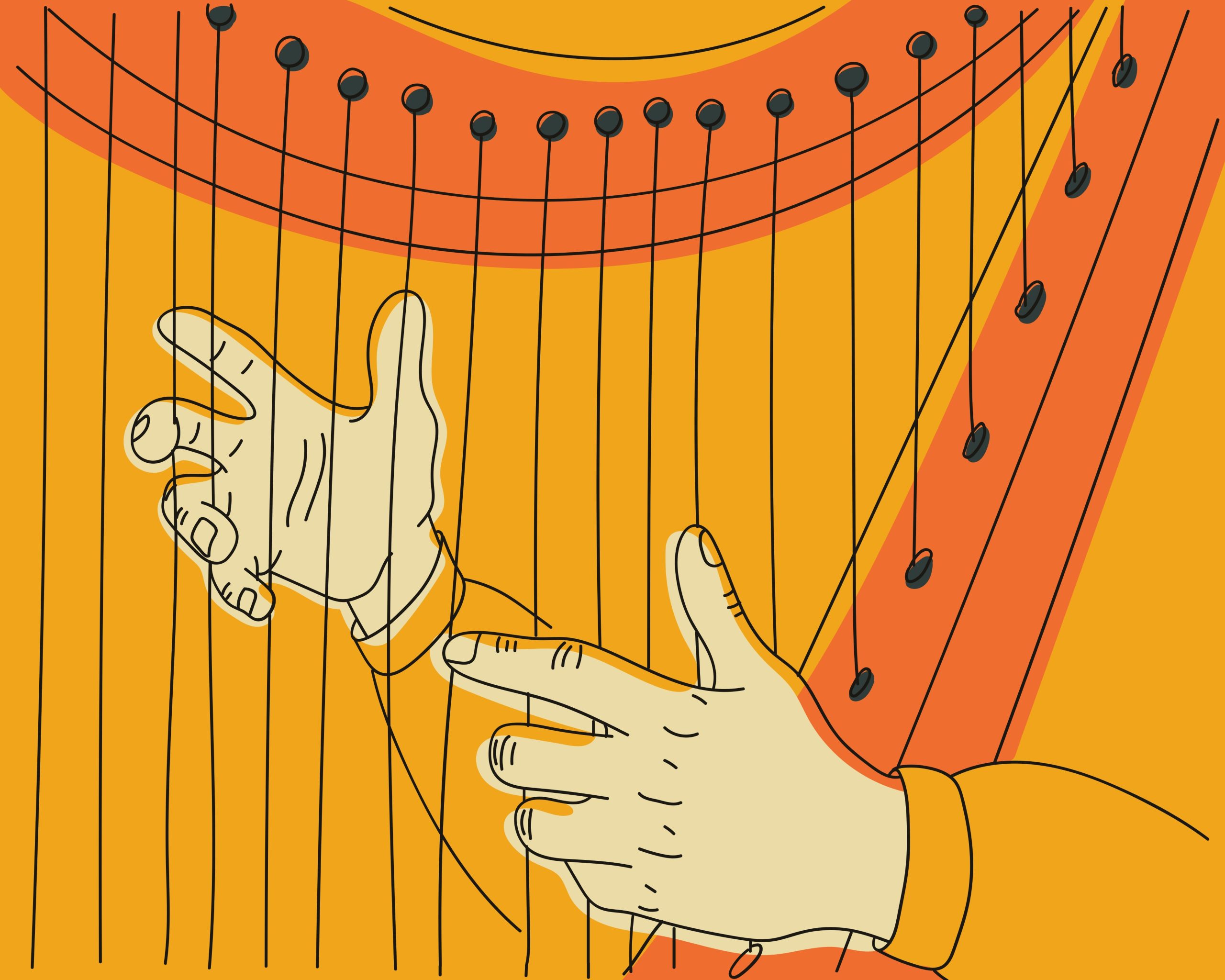 Illustration of a conductor leading an orchestra with digital elements representing code and security symbols.